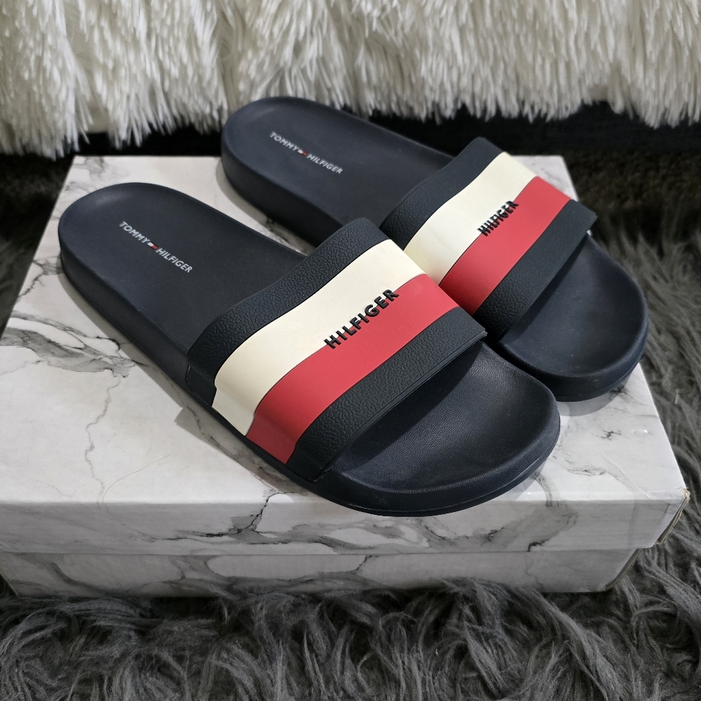 Tommy Hilfiger Navy Blue and Red Slides